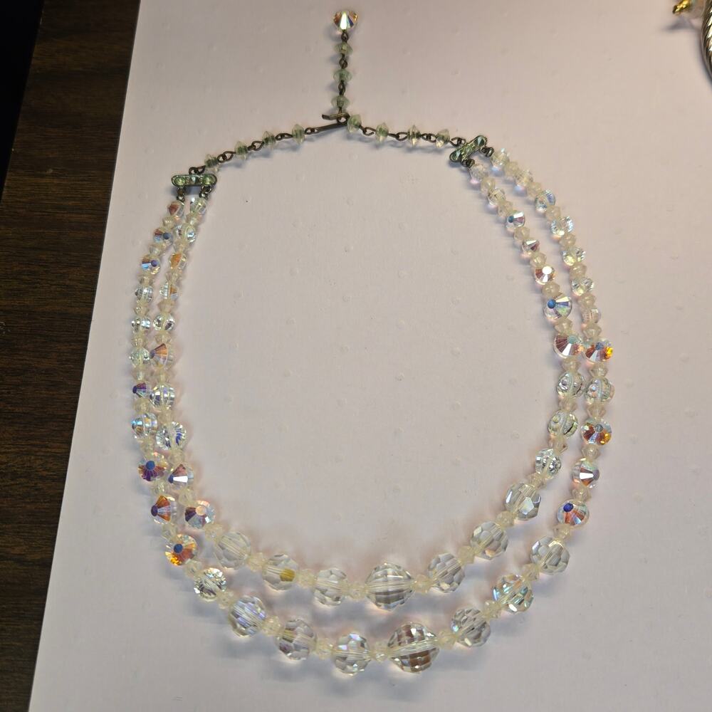 Vintage 1950s Aurora Borealis Crystal Double Strand Necklace Graduated Bead